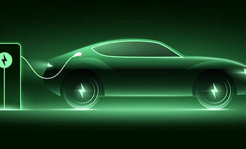 Electric Car Charging On The Station, Vector Illustration. Green Glowing Ev Filling Up A Battery.