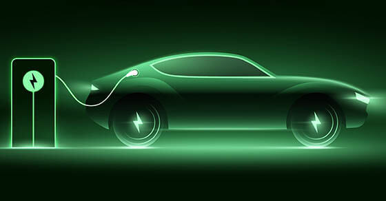 Electric Car Charging On The Station, Vector Illustration. Green Glowing Ev Filling Up A Battery.