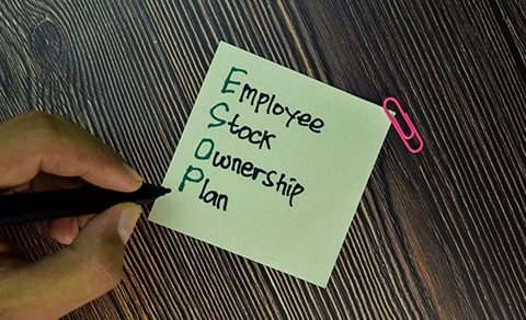 Esop Employee Stock Ownership Plan Write On Sticky Note Isolated On Wooden Table. Business Concept