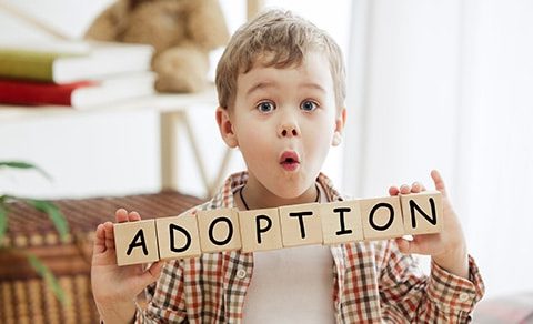 Young Boy With Light Brown Hair Holding Up Blocks That Spell Out Adoption.