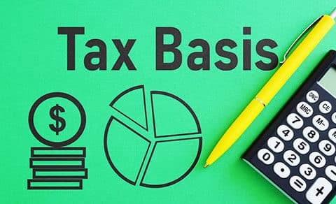 Tax Basis, calculaor, yellow pen, stack of coins, pie chart all on a green background.
