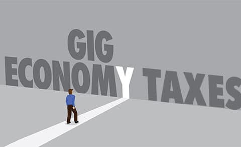Illustration of a man on a grey background walking towards the words Gig Econonomy Taxes