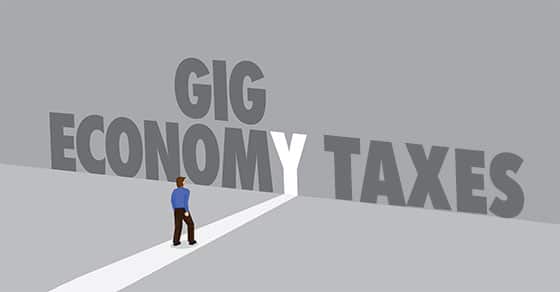 Illustration of a man on a grey background walking towards the words Gig Econonomy Taxes