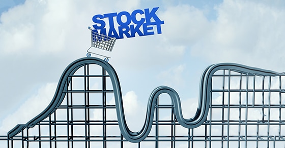 Illustration of a roller coaster with a shopping cart on it carrying the words STOCK MARKET