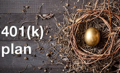 Bird nest with a gold egg in it and the words (k) plan to the left of it