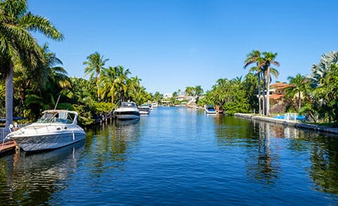 Photograph of a water canal with boats in the water and palm trees on the surrounding land