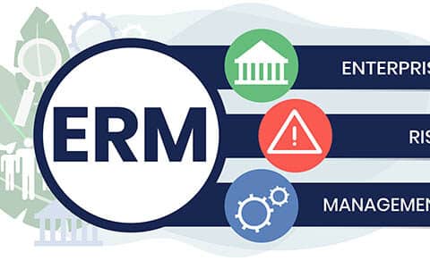 Illustration of ERM in large blue letters with a building with the word Enterprise, triangle with an exclamayion point in it and the word Risk, Gears with the word Management