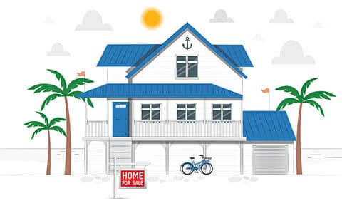 Illustration of a white two story house with a blue roof, Bicycle in front, palm trees and a for sale sign