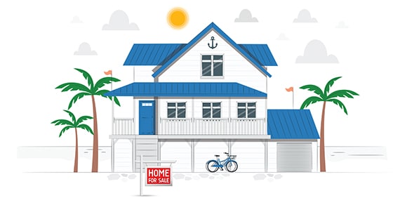 Illustration of a white two story house with a blue roof, Bicycle in front, palm trees and a for sale sign