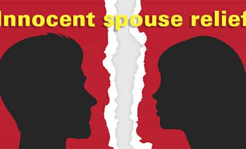 Silhouette of a man's head and a woman's head on a red background split down the middle with the words INNOCENT SPOUSE RELIEF in yellow