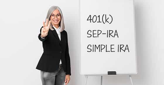 Middle,age,white,hair,woman,smiling,and,looking,friendly,,showing, three, options, 401k, SEP-IRA, Simple, IRA