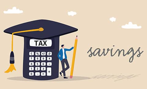 Large, calculator, shaped, like, a, graduation, cap, with, the, word, "TAX," displayed, on, its, screen. A, man, in, a, suit, leans, against, the, calculator, holding, a, large, pencil. To, the, right, the, word, "savings," is, written, in, cursive. The, background, is, a, beige, color, with, small, white, clouds, scattered, throughout.