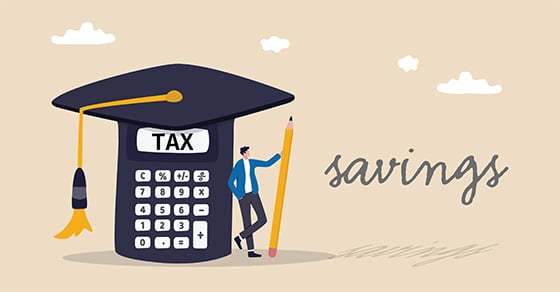 Large, calculator, shaped, like, a, graduation, cap, with, the, word, "TAX," displayed, on, its, screen. A, man, in, a, suit, leans, against, the, calculator, holding, a, large, pencil. To, the, right, the, word, "savings," is, written, in, cursive. The, background, is, a, beige, color, with, small, white, clouds, scattered, throughout.