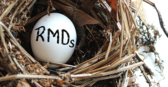 white egg, in a nest, with "RMDs," written on it, symbolizing retirement savings, and Required Minimum Distributions.