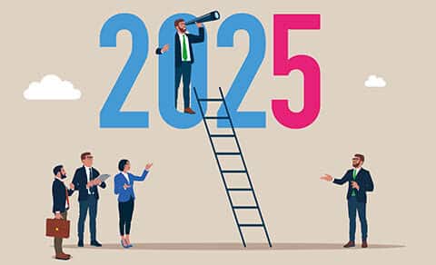 A, group, of, business, professionals, discusses, the, future, with, "2025," displayed, prominently. A, man, on, a, ladder, uses, a, telescope, symbolizing, foresight, and, planning. The, scene, represents, strategy, business, forecasting, and, preparation, for, the, year, ahead.