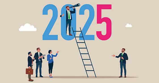 A, group, of, business, professionals, discusses, the, future, with, "2025," displayed, prominently. A, man, on, a, ladder, uses, a, telescope, symbolizing, foresight, and, planning. The, scene, represents, strategy, business, forecasting, and, preparation, for, the, year, ahead.