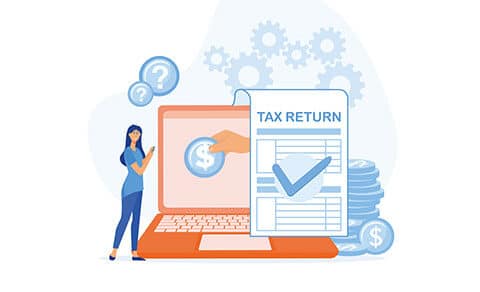 Laptop, tax, return, form, checkmark, dollar, sign, coin, hand, refund, woman, phone, question, marks, gears, financial, illustration, filing, taxes.