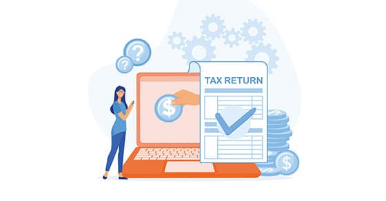 Laptop, tax, return, form, checkmark, dollar, sign, coin, hand, refund, woman, phone, question, marks, gears, financial, illustration, filing, taxes.