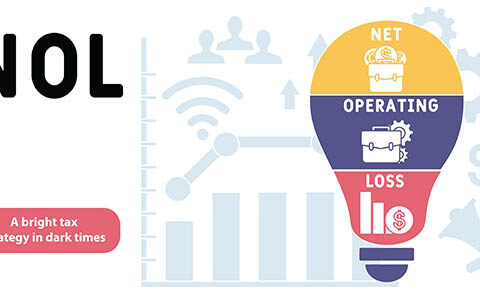 NOL, infographic, showing, a, lightbulb, labeled, “Net,” “Operating,” and, “Loss,” representing, a, tax, strategy, concept, with, the, tagline, “A, bright, tax, strategy, in, dark, times,” over, a, background, of, charts, and, icons, related, to, business, and, finance,.