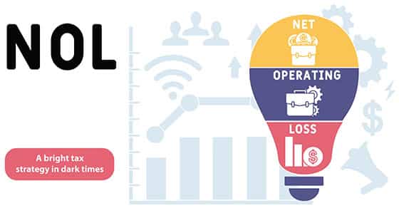 NOL, infographic, showing, a, lightbulb, labeled, “Net,” “Operating,” and, “Loss,” representing, a, tax, strategy, concept, with, the, tagline, “A, bright, tax, strategy, in, dark, times,” over, a, background, of, charts, and, icons, related, to, business, and, finance,.