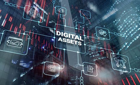 Digital,assets,business,management,system,concept,on,modern,city,background.