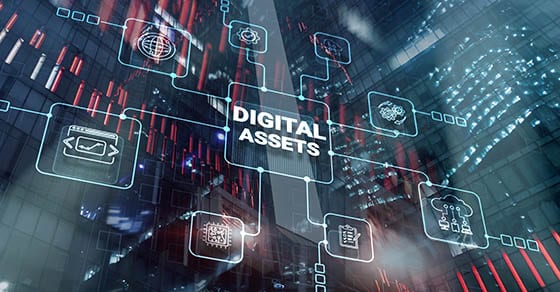 Digital,assets,business,management,system,concept,on,modern,city,background.