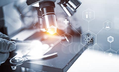A, close-up, of, a, microscope, being, used, in, a, laboratory, setting, with, a, gloved, hand, adjusting, the, microscope, highlighting, a, research, or, scientific, environment. Overlaying, the, image, are, various, science, and, technology, icons, including, symbols, for, health, chemistry, DNA, and, innovation, which, emphasize, research, medical, and, technological, advancements. The, lighting, effect, under, the, microscope, lens, draws, attention, to, active, scientific, exploration.