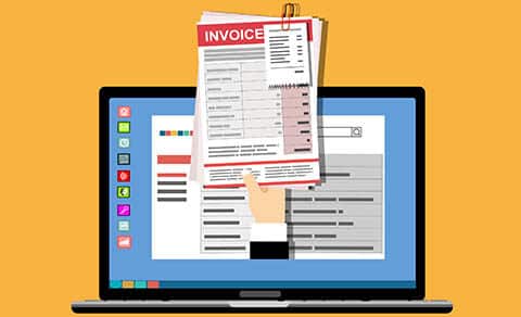 A laptop, invoices, a hand, digital billing, online payments, electronic records.
