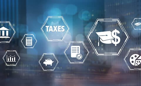 A, digital, illustration, featuring, hexagonal, icons, related, to, education, and, finance, including, symbols, for, taxes, graduation, money, savings, charts, and, documents, set, against, a, blurred, cityscape, background.