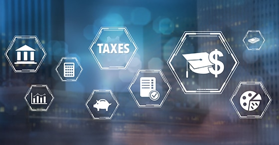 A, digital, illustration, featuring, hexagonal, icons, related, to, education, and, finance, including, symbols, for, taxes, graduation, money, savings, charts, and, documents, set, against, a, blurred, cityscape, background.