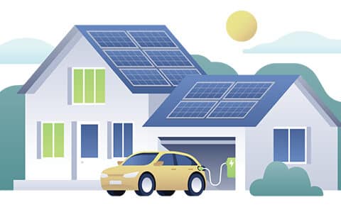 Houses, solar panels, electric car, charging station, sun, clouds, hills.