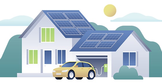 Houses, solar panels, electric car, charging station, sun, clouds, hills.