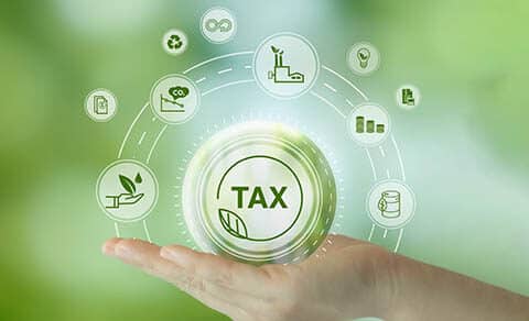 Environmental,tax,breaks,concept.,holding,glass,ball,with,green,tax