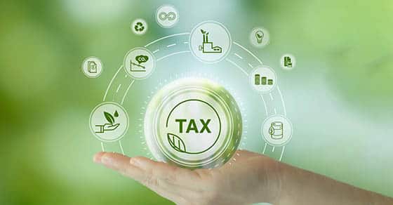 Environmental,tax,breaks,concept.,holding,glass,ball,with,green,tax