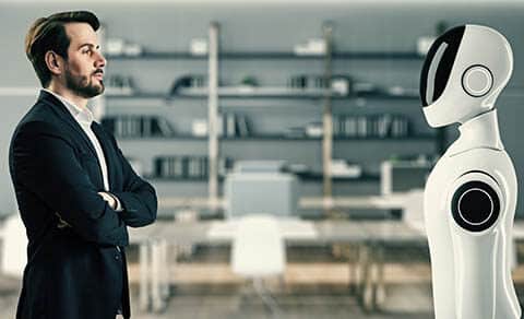 Businessman,facing,humanoid,robot,in,office,setting,,sleek,modern,background,