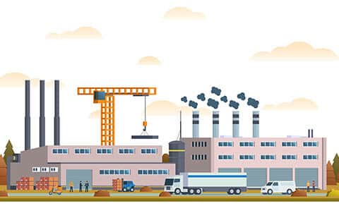 Factory, scene, with, warehouses, trucks, workers, smokestacks, and, a, construction, crane.