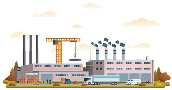 New deduction for QPP can save significant taxes for manufacturers and similar businesses Factory, scene, with, warehouses, trucks, workers, smokestacks, and, a, construction, crane.