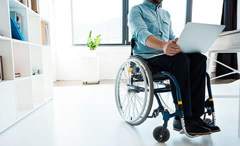 person, wheelchair, desk, laptop, bright, modern, office,