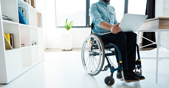 person, wheelchair, desk, laptop, bright, modern, office,